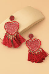 Racing Red Heart Shape Tasseled Dangle Earrings Jewelry JT's Designer Fashion