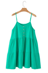 Sea Green Textured Buttoned Thin Strap Tiered Loose Fit Mini Dress Mini Dresses JT's Designer Fashion