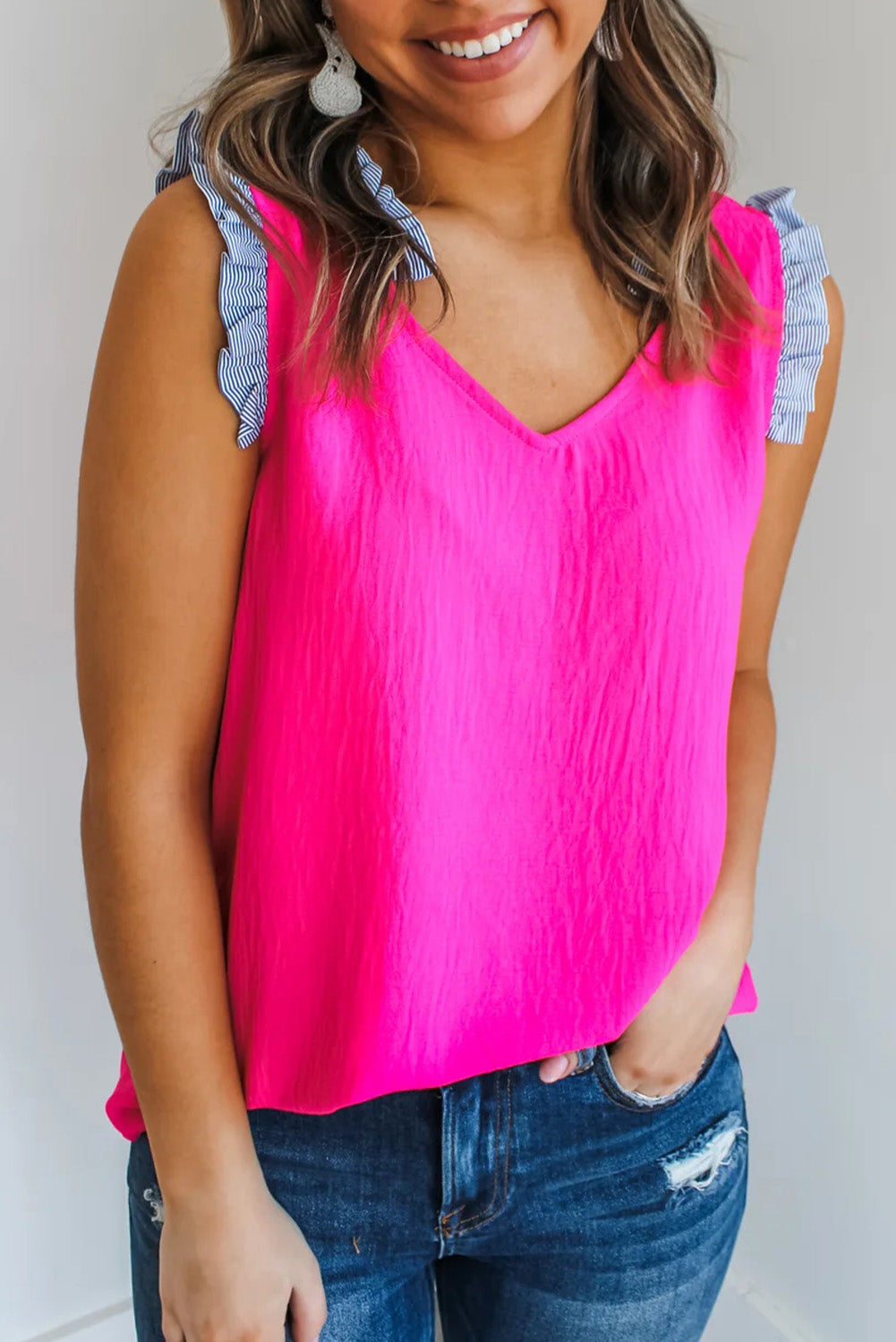 Bright Pink Sriped Print Patched Trim V Neck Tank Top Tops & Tees JT's Designer Fashion