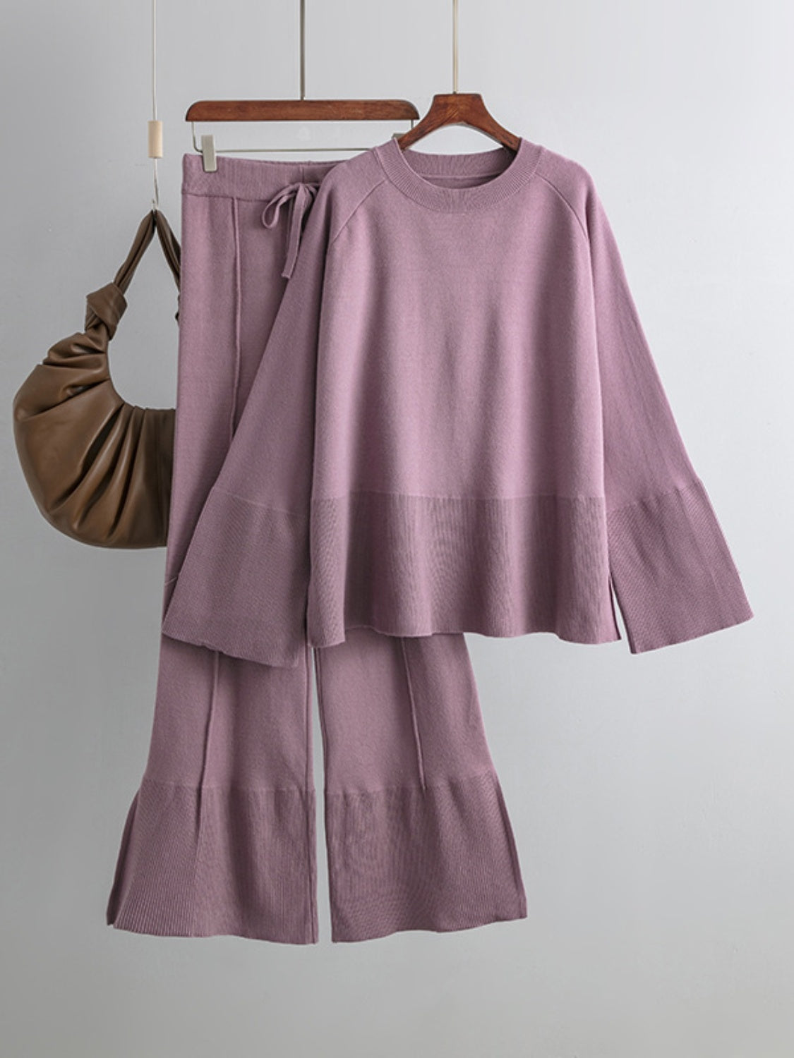 Slit Round Neck Long Sleeve Top and Drawstring Pants Sweater Set Pants Sets JT's Designer Fashion