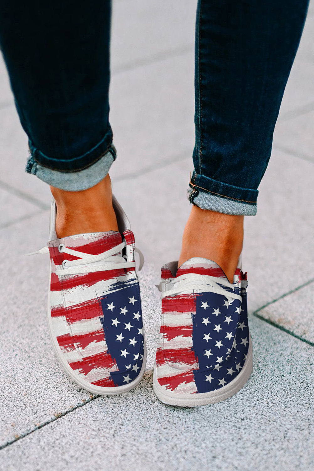 Red Fourth of July Flag Pattern Lace-up Flat Shoes Women's Shoes JT's Designer Fashion