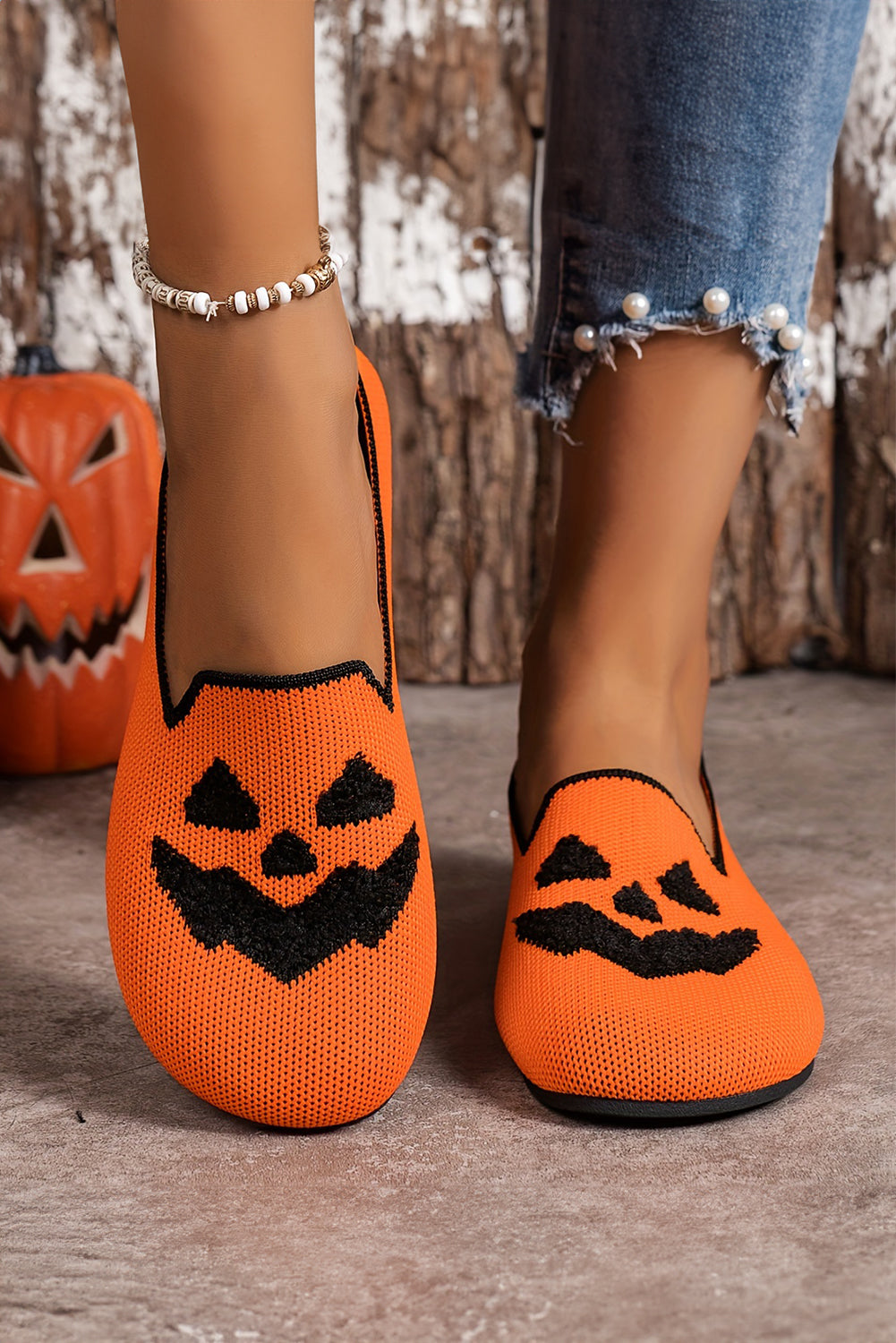 Orange Halloween Pumpkin Face Slip On Flats Women's Shoes JT's Designer Fashion