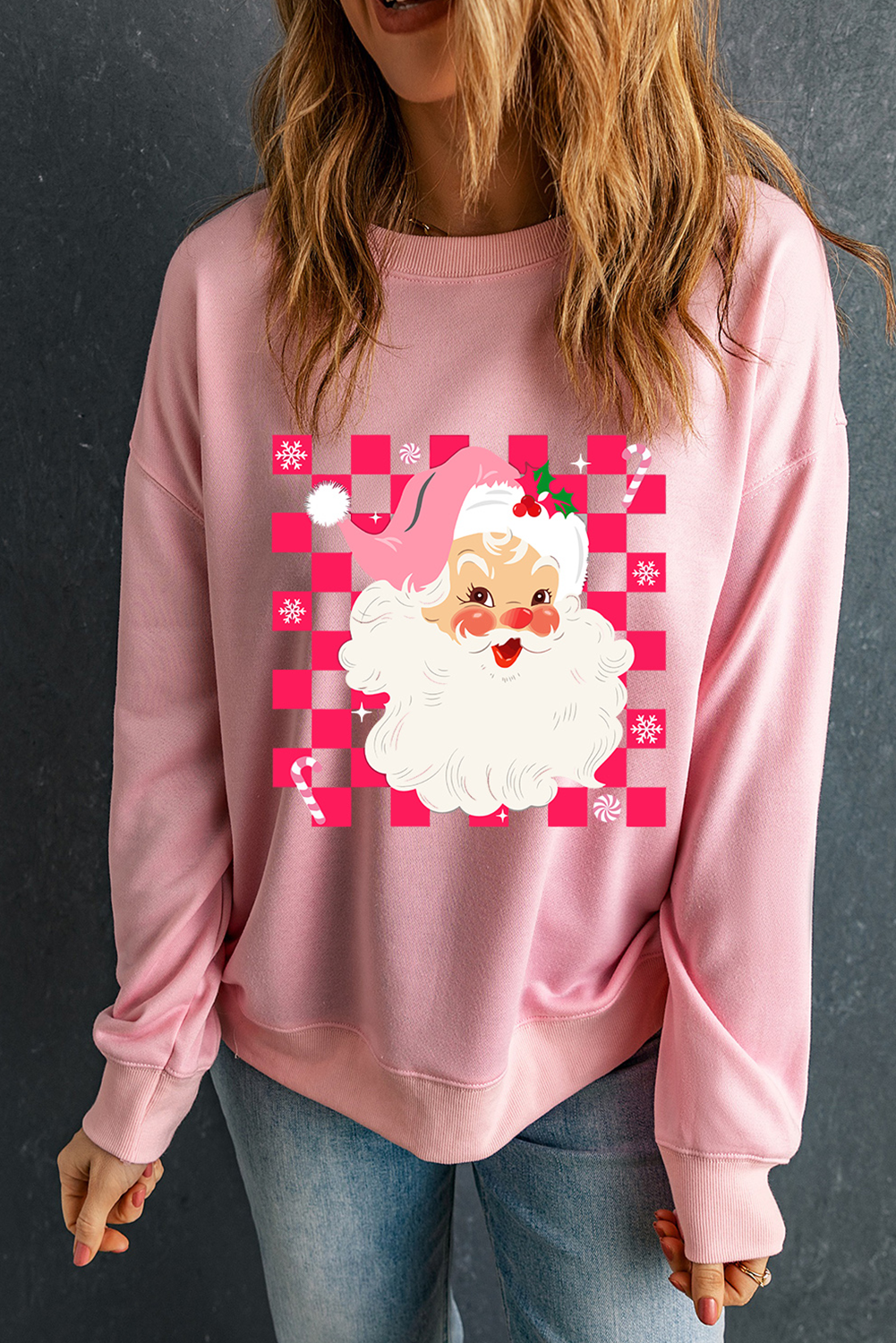 Pink Fancy Checkered Father Christmas Graphic Sweatshirt Graphic Sweatshirts JT's Designer Fashion