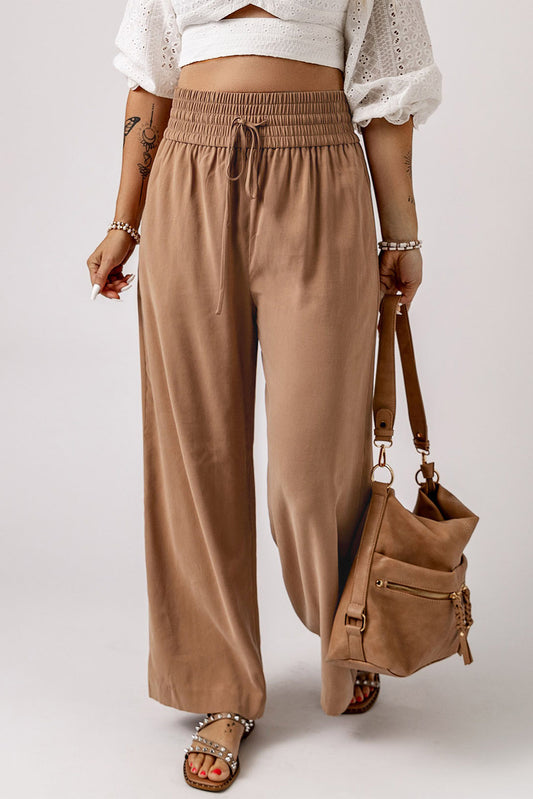 Brown Drawstring Elastic Waist Casual Wide Leg Pants Pants & Culotte JT's Designer Fashion