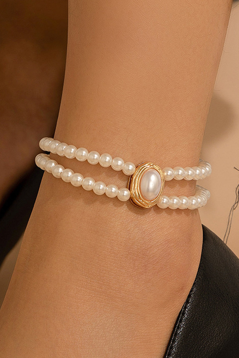 White Pearl/Turquoise Beaded Double Layered Anklet Jewelry JT's Designer Fashion