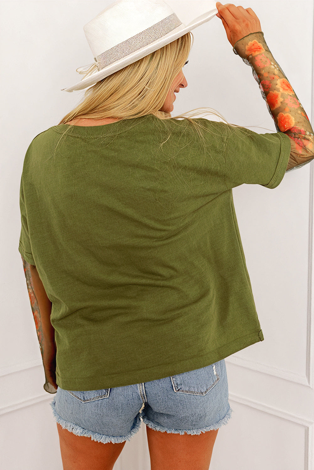 Fern Green Faux Two Piece Floral Long Sleeve Patchwork Tee Long Sleeve Tops JT's Designer Fashion