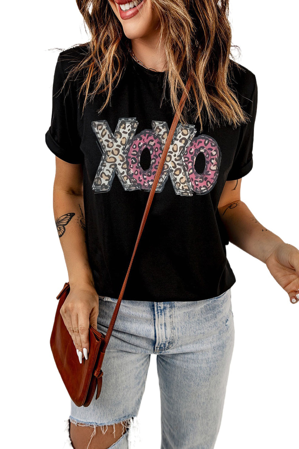 Black Leopard XOXO Print T Shirt Graphic Tees JT's Designer Fashion