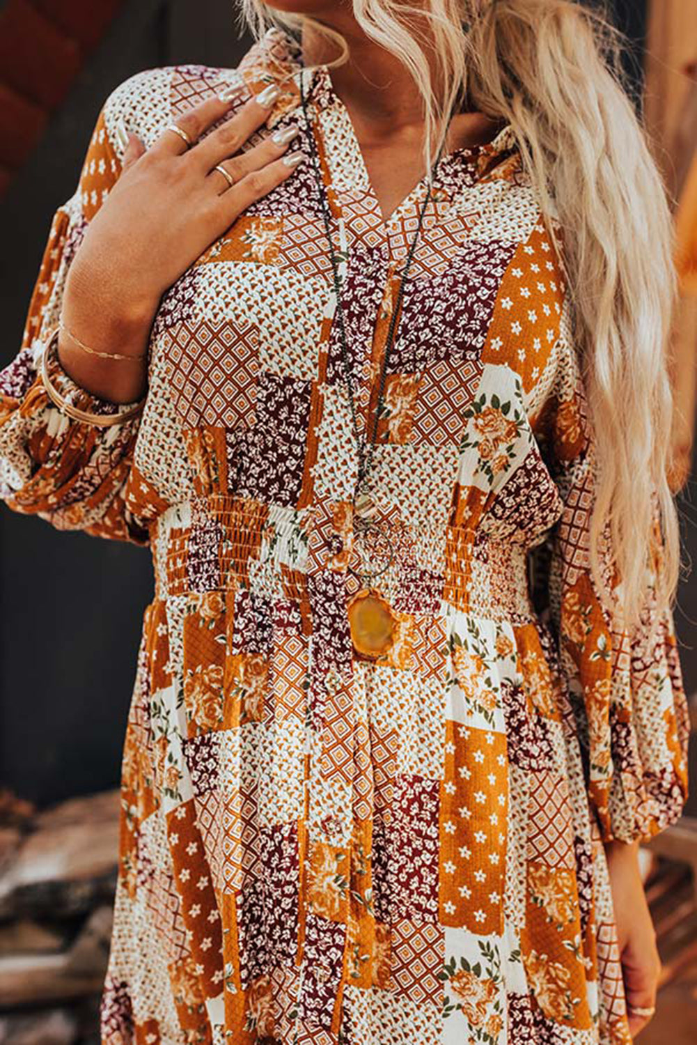 Orange Boho Floral Puff Sleeve Smocked Waist Mini Shirt Dress Mini Dresses JT's Designer Fashion