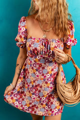 Red Floral Puff Sleeve Square Neck Knot Open Back Mini Dress Floral Dresses JT's Designer Fashion