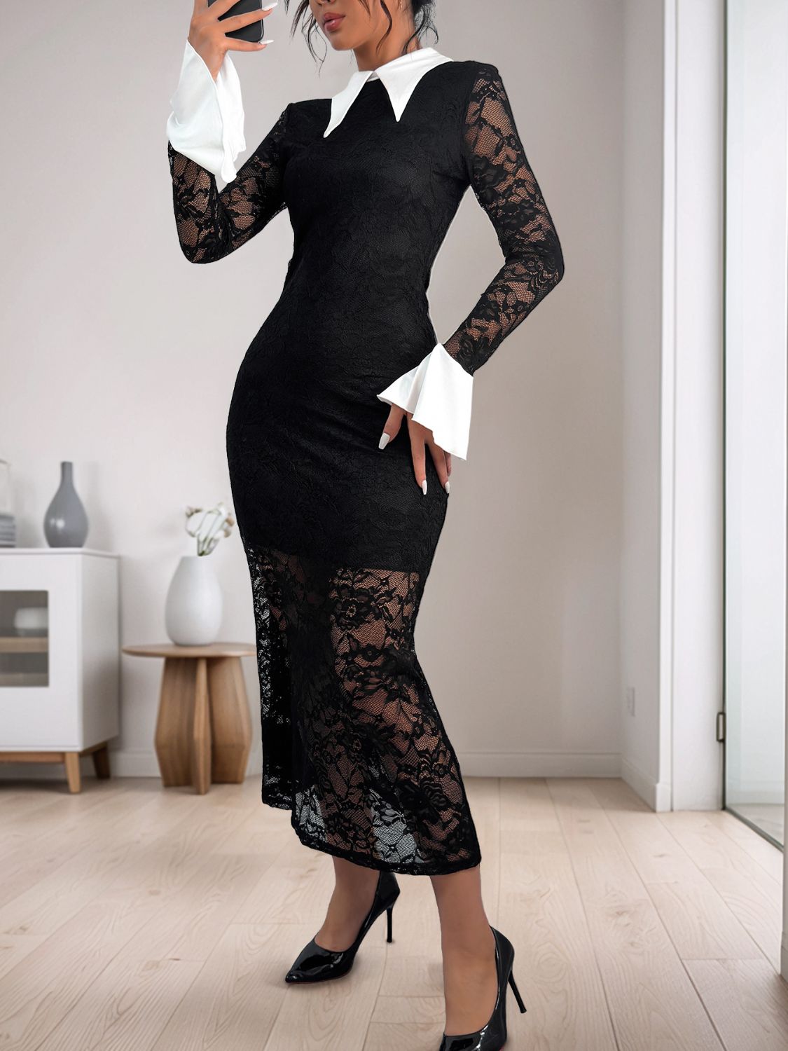 Perfee Lace Contrast Collared Neck Long Sleeve Midi Dress Midi Dresses JT's Designer Fashion