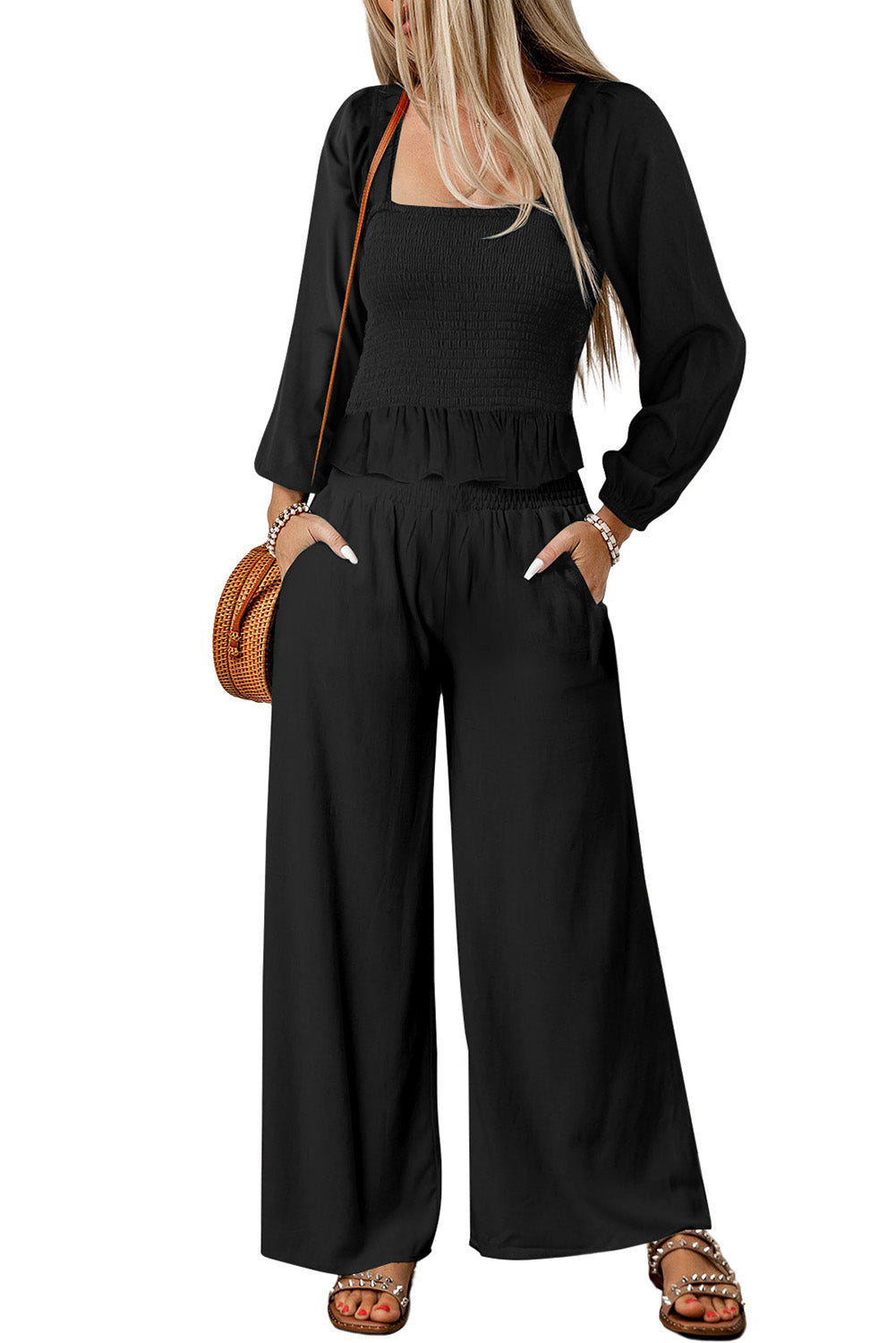 Black Square Neck Smocked Peplum Top and Pants Set Pant Sets JT's Designer Fashion