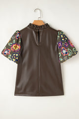 Four Leaf Clover Floral Bubble Sleeve Patchwork Leatherette Frilled Round Neck Blouse Blouses & Shirts JT's Designer Fashion
