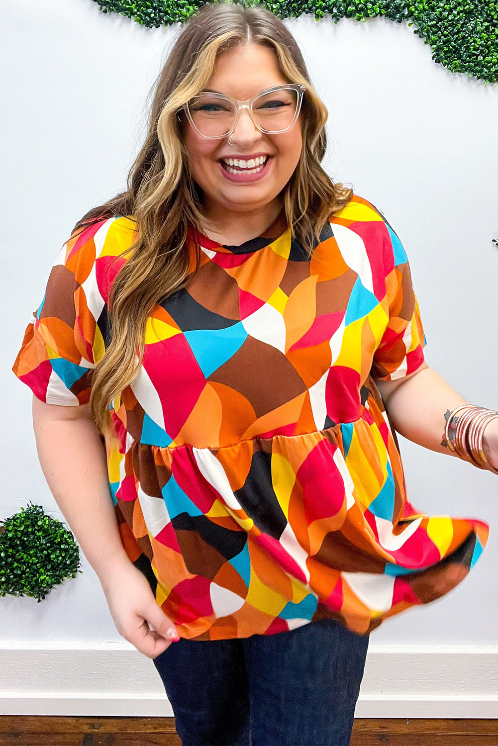 Multicolour Floral / Geometric Print Short Sleeve Plus Size Babydoll Blouse Plus Size JT's Designer Fashion