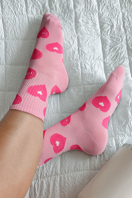 Light Pink Heart Print Ribbed Trim Soft Crew Socks Socks JT's Designer Fashion