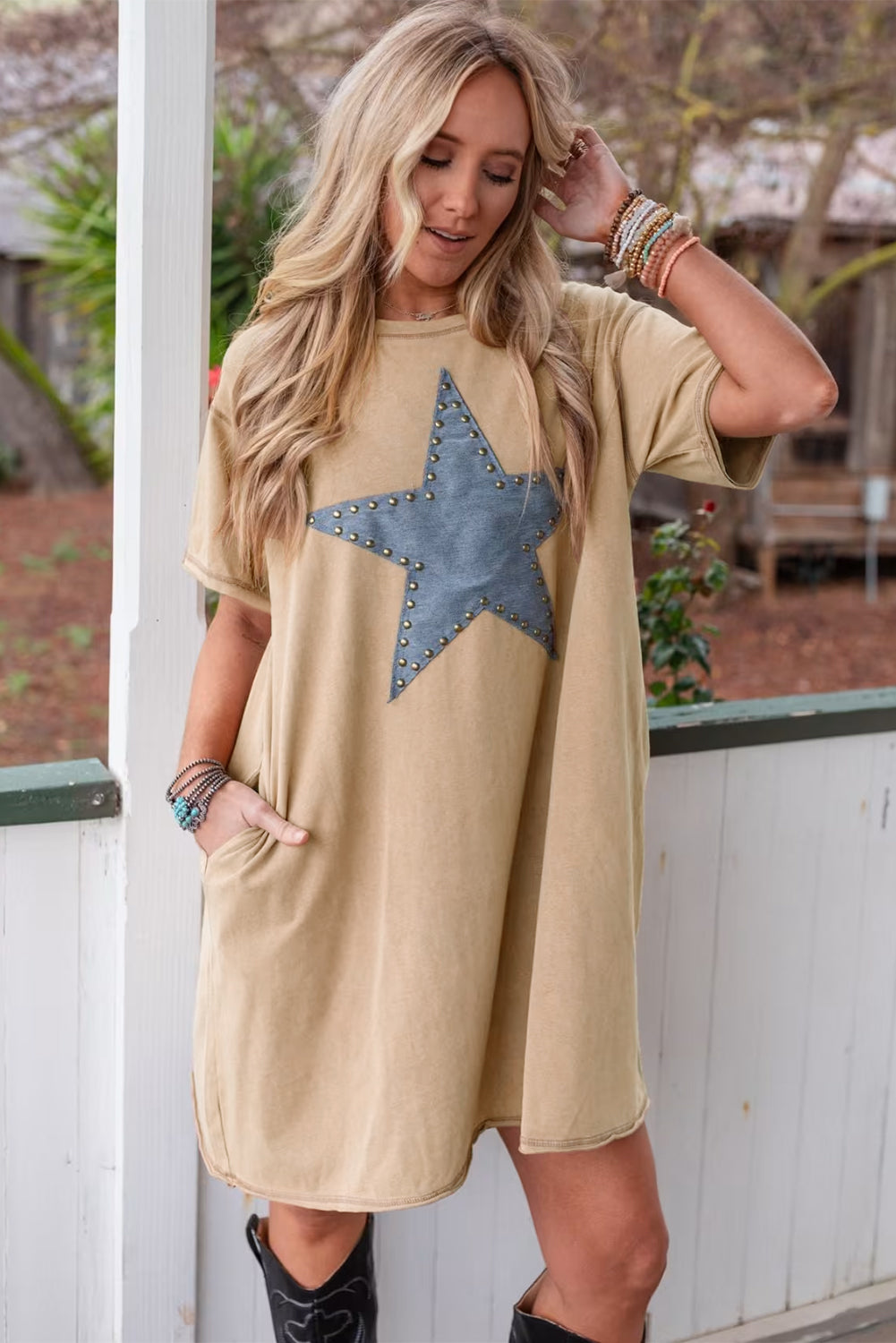 Pale Khaki Mineral Wash Stud Beaded Star Graphic Pocketed T Shirt Dress T Shirt Dresses JT's Designer Fashion