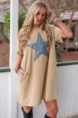 Pale Khaki Mineral Wash Stud Beaded Star Graphic Pocketed T Shirt Dress T Shirt Dresses JT's Designer Fashion