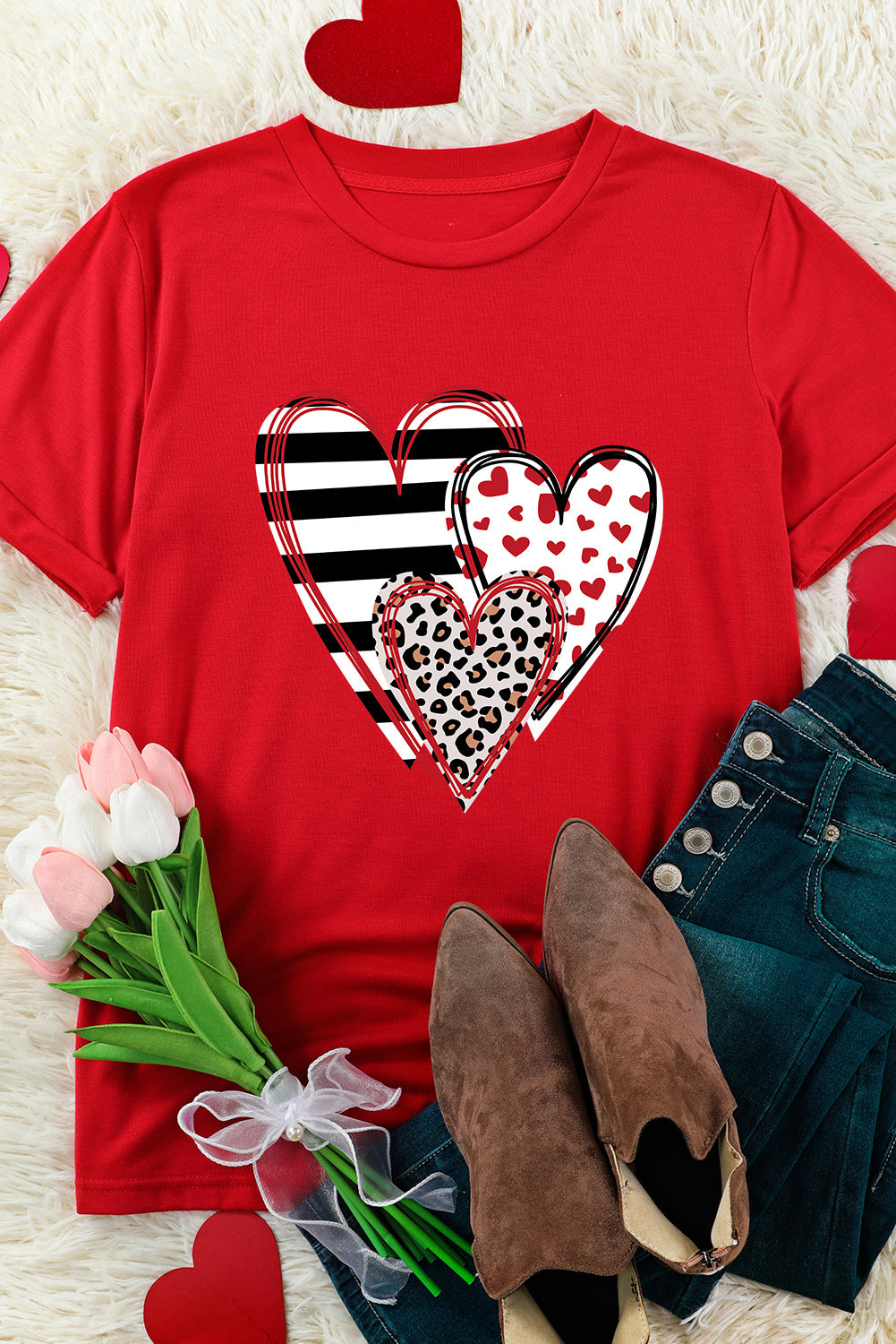 Red Leopard Striped Heart Shaped Print Crew Neck T Shirt Graphic Tees JT's Designer Fashion