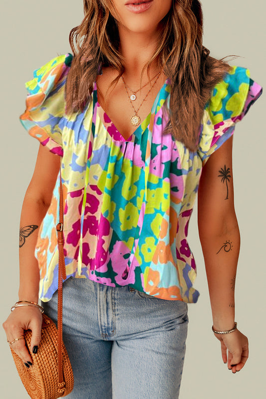 Multicolour Leopard Flutter Sleeve V Neck Crinkled Blouse Tops & Tees JT's Designer Fashion