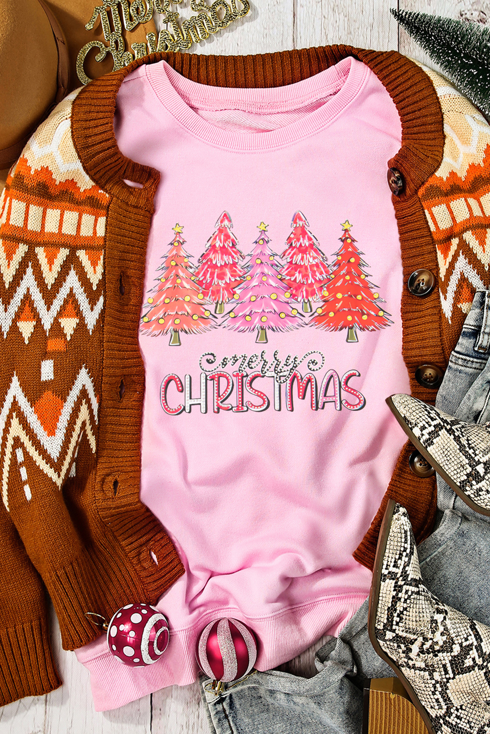 Pink Rhinestone Merry CHRISTMAS Christmas Tree Graphic Sweatshirt Graphic Sweatshirts JT's Designer Fashion