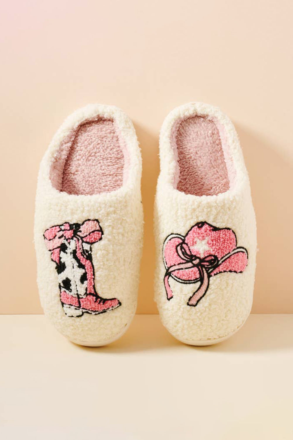 White Cowgirl Hat & Boot Printed Plush Thermal Home Slippers Slippers JT's Designer Fashion