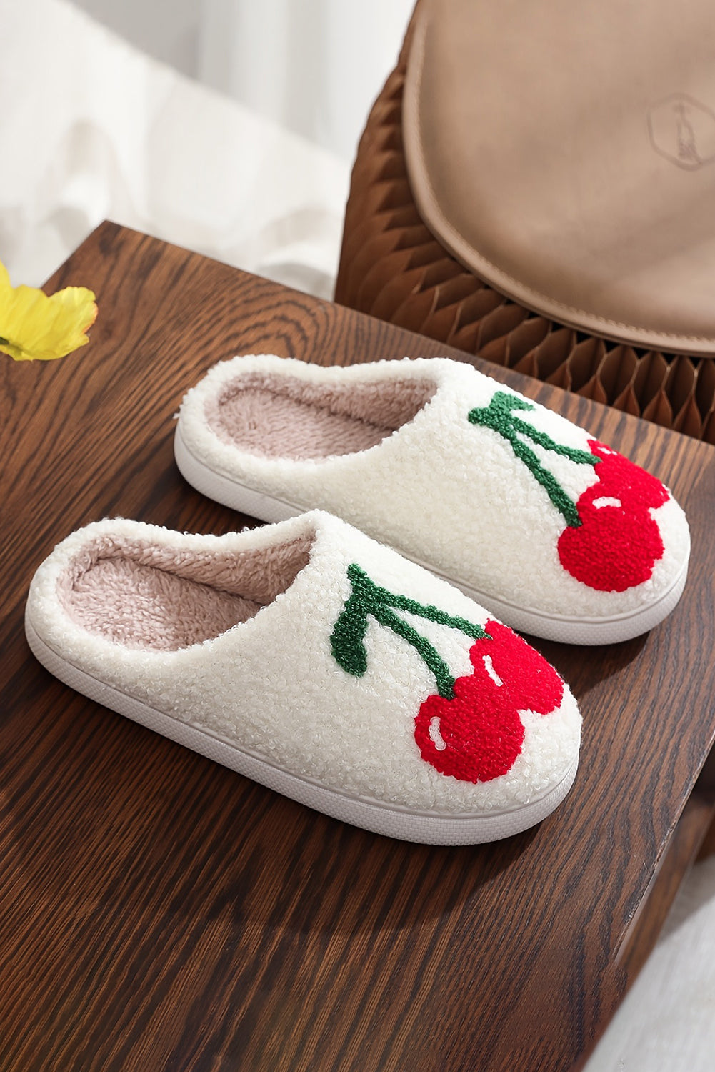 White Cute Fruit Cherry Pattern Winter Plush Slippers Slippers JT's Designer Fashion