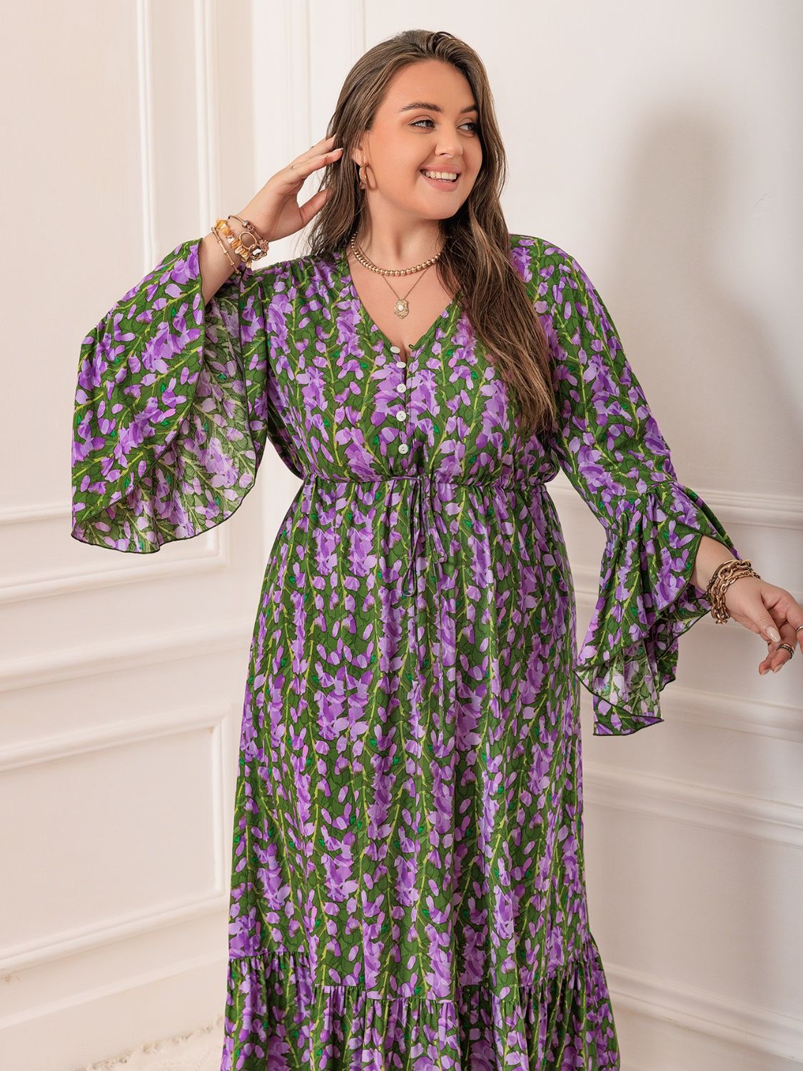 Plus Size Printed V-Neck Long Sleeve Maxi Dress Maxi Dresses JT's Designer Fashion