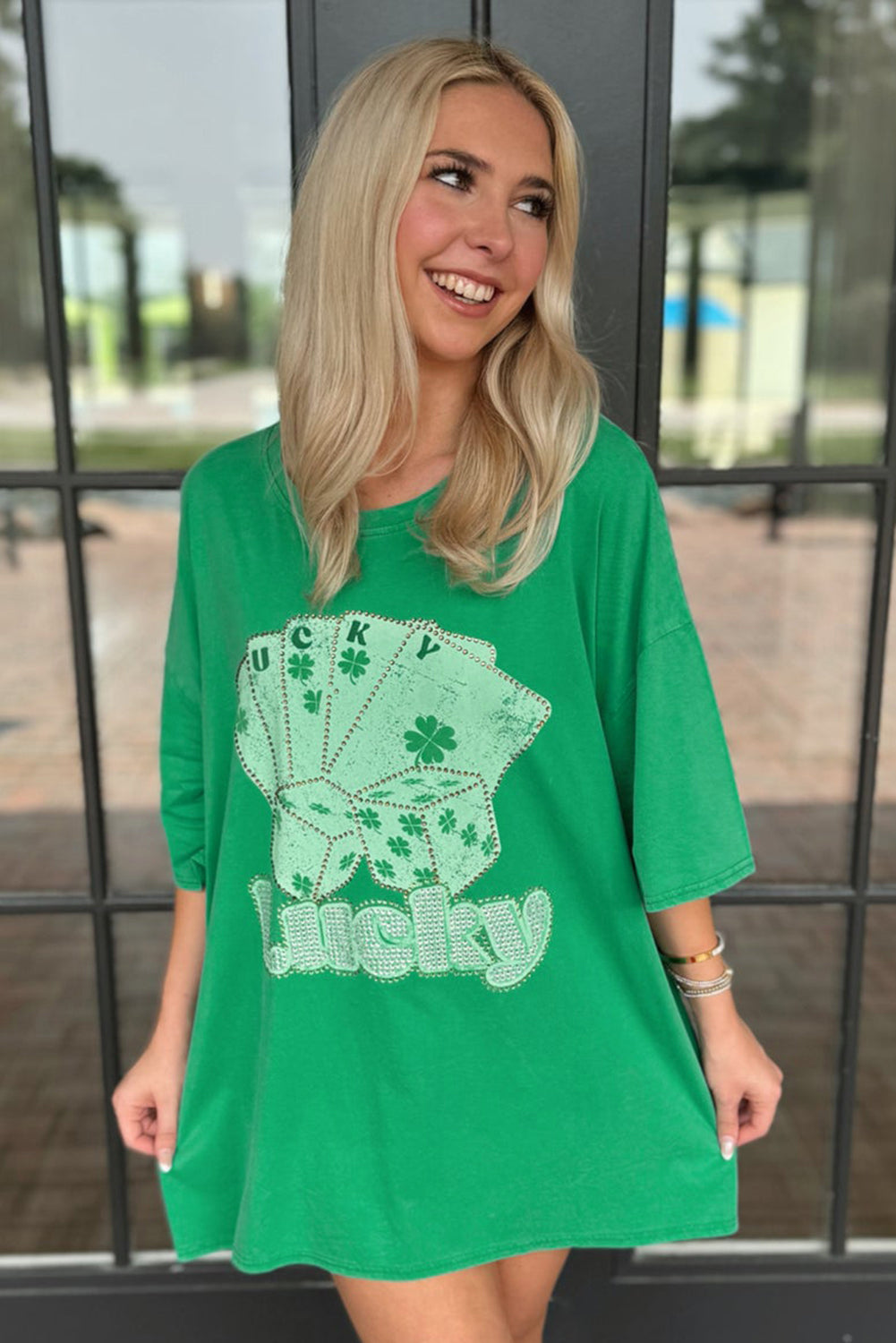 Bright Green Rhinestone Lucky Poker Cards Oversized T Shirt Mini Dress T Shirt Dresses JT's Designer Fashion