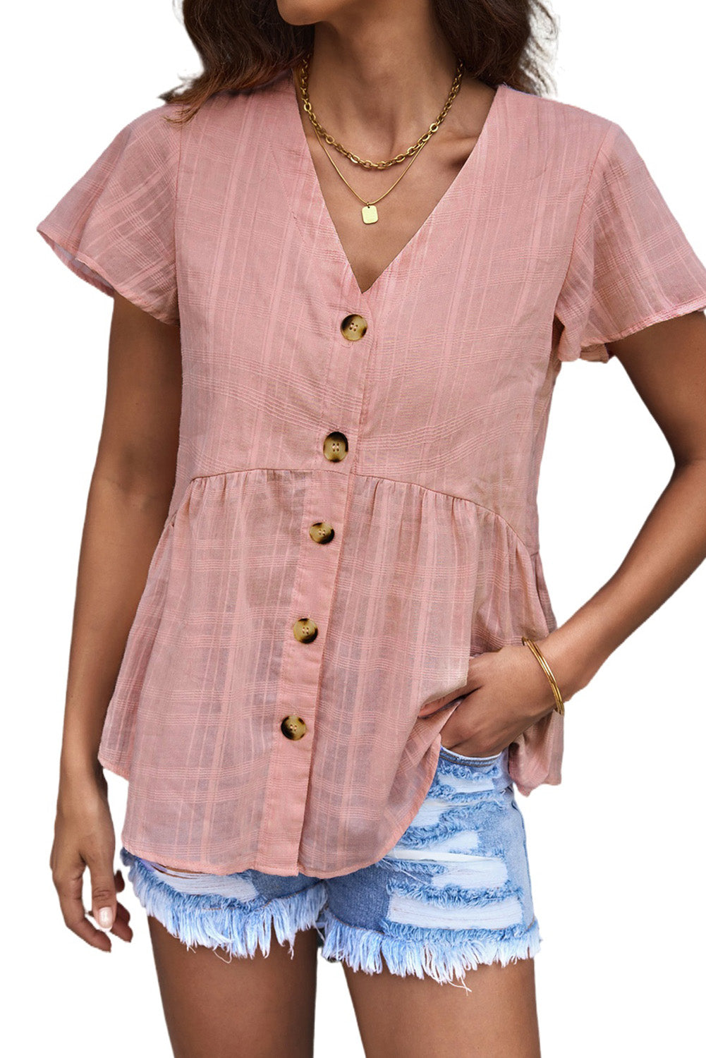 Pink Short Sleeves Buttoned Peplum Shirt Blouses & Shirts JT's Designer Fashion