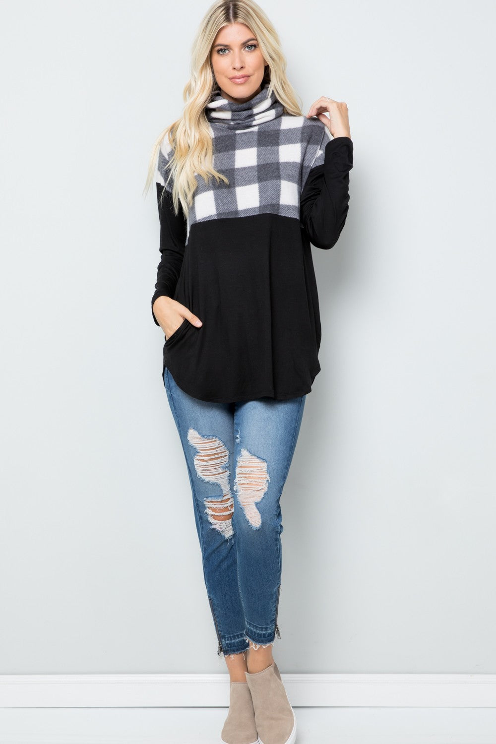 Celeste Full Size Pocketed Plaid Turtleneck Long Sleeve Blouse Long Sleeve Tops JT's Designer Fashion