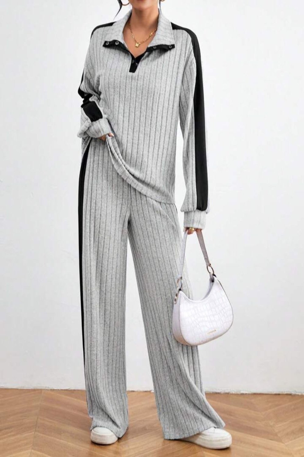 Contrast Collared Neck Long Sleeve Top and Pants Set Light Gray Pant Sets JT's Designer Fashion