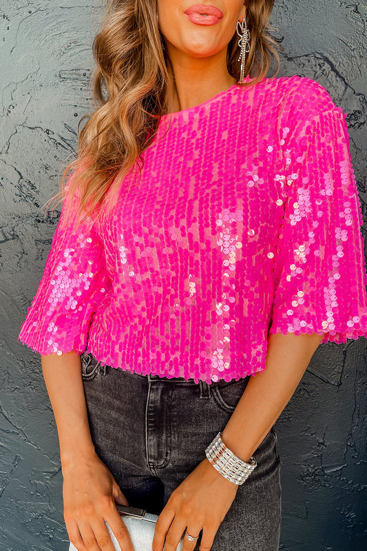 Bright Pink Sequin Round Neck Half Sleeve Top Tops & Tees JT's Designer Fashion