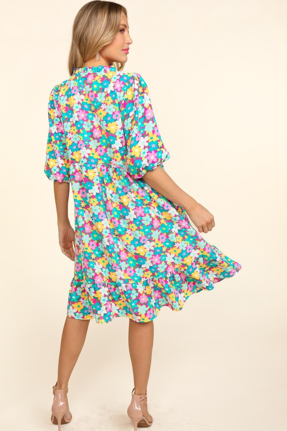 Haptics Bubble Sleeve Floral Ruffled Dress JT's Designer Fashion