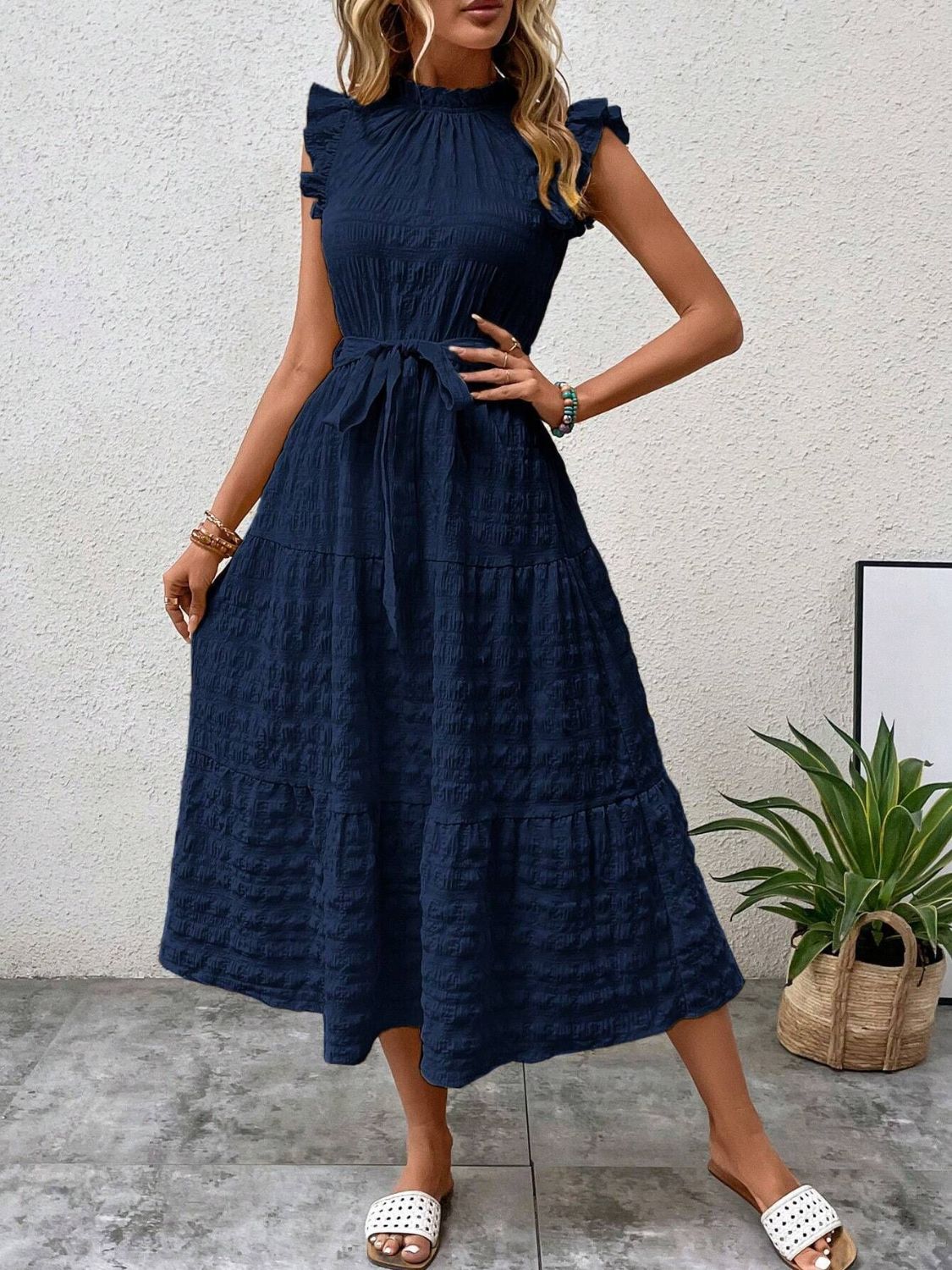 Tied Ruffled Cap Sleeve Midi Dress Dark Blue Midi Dresses JT's Designer Fashion