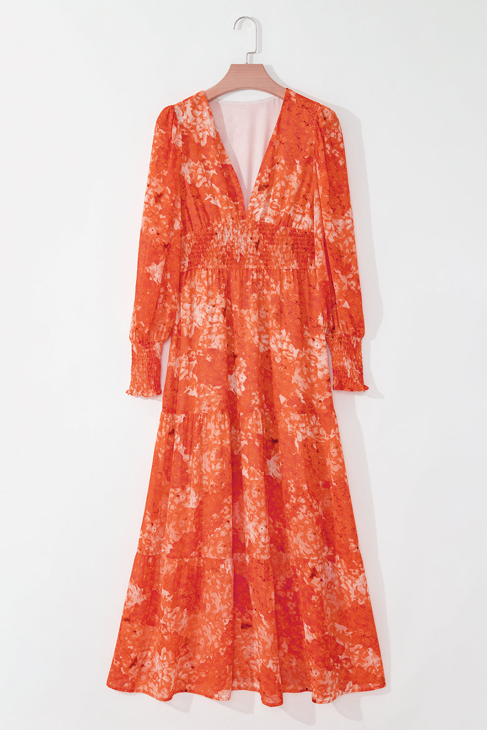 Orange Boho Floral Bishop Sleeve V Neck Tiered Maxi Dress Maxi Dresses JT's Designer Fashion