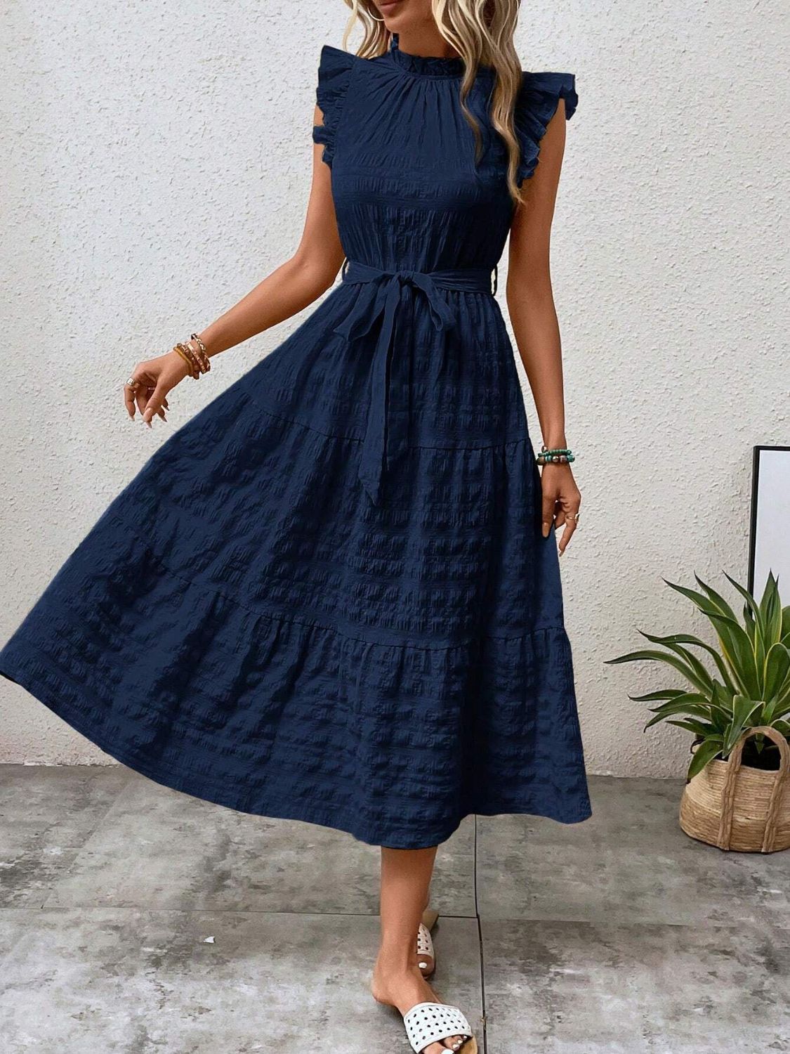 Tied Ruffled Cap Sleeve Midi Dress Midi Dresses JT's Designer Fashion