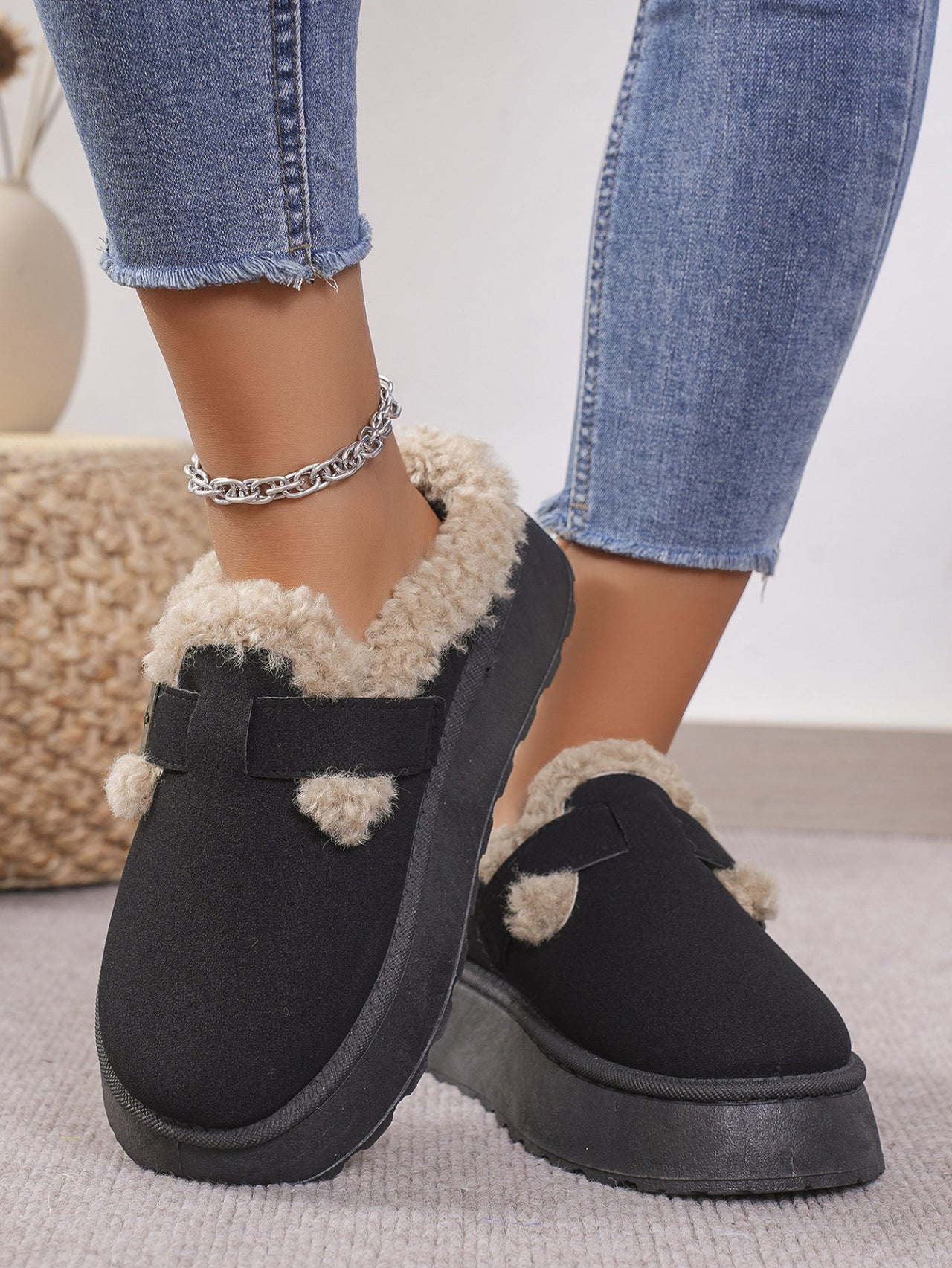 Thermal Fuzzy Buckle Platform Slippers Black Slippers JT's Designer Fashion