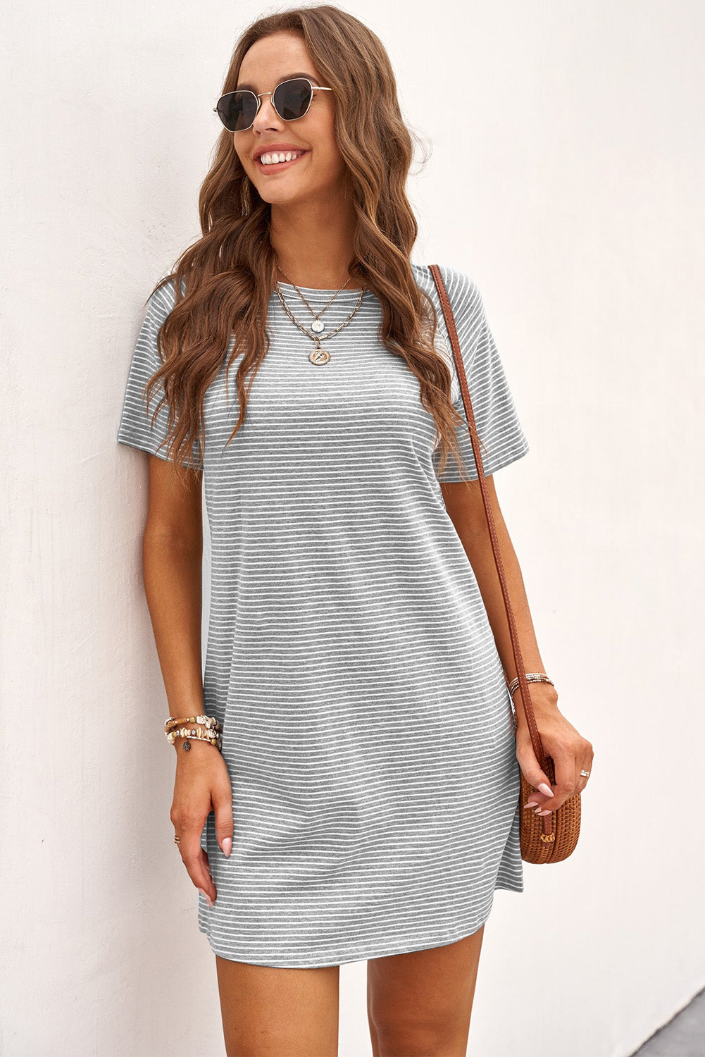 Gray Raglan Sleeve Striped Cotton-blend T-shirt Mini Dress T Shirt Dresses JT's Designer Fashion