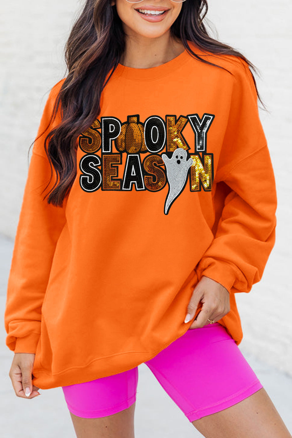 Russet Orange Sequin SPOOKY SEASON Ghost Pattern Halloween Pullover Sweatshirt Russet Orange 50%Polyester+50%Cotton Graphic Sweatshirts JT's Designer Fashion