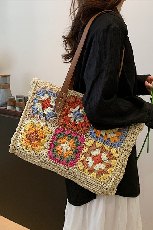 Beige Floral Crochet Large Square Tote Bag Handbags JT's Designer Fashion