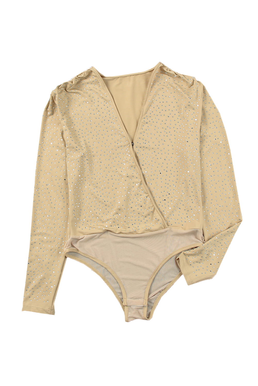 Khaki Rhinestone Surplice V Neck Long Sleeve Bodysuit Bodysuits JT's Designer Fashion