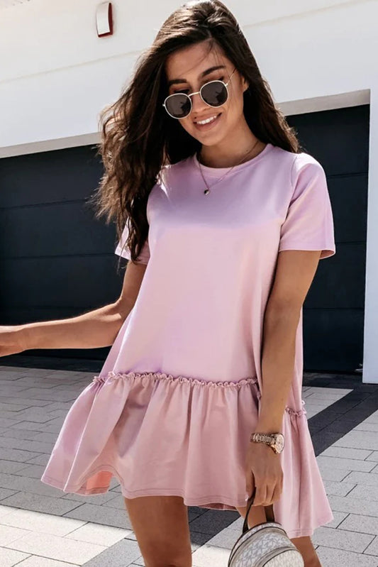 Pink Frilly Splicing Hem Short Sleeve Casual Dress Dresses JT's Designer Fashion