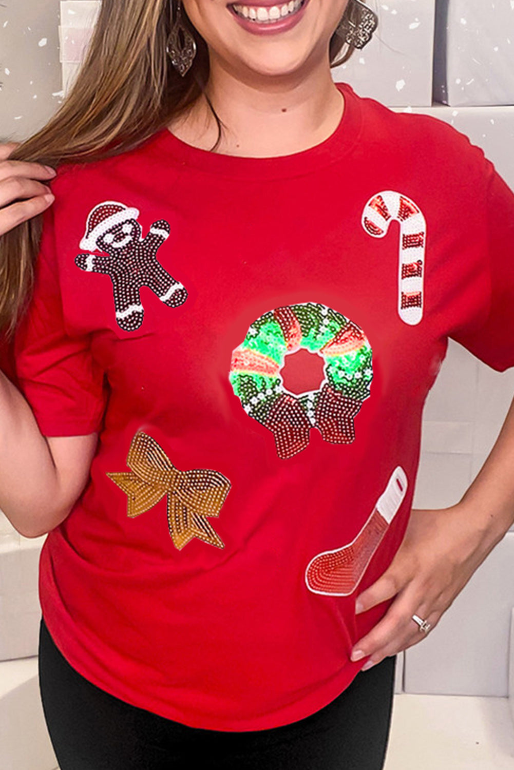 Red Christmas Sequin Pattern Crew Neck Graphic Tee Graphic Tees JT's Designer Fashion