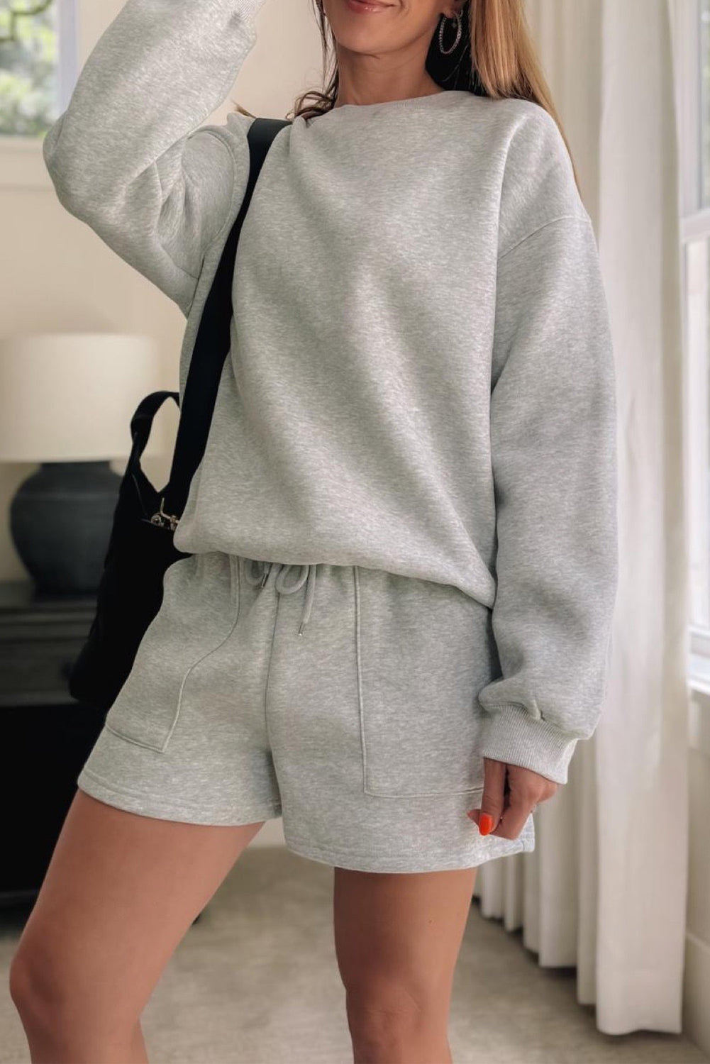 Light Grey Solid Pullover Sweatshirt and Shorts 2 Piece Set Short Sets JT's Designer Fashion