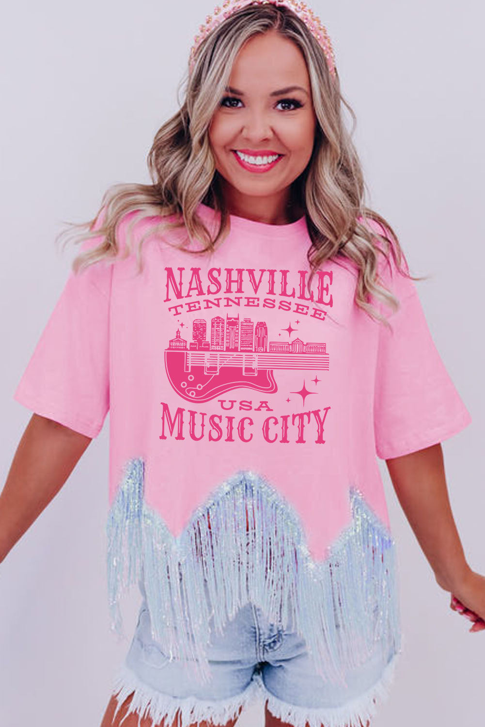 Pink NASHVILE MUSIC CITY Graphic Sequin Fringed Hem Tee Graphic Tees JT's Designer Fashion