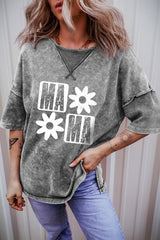 Philippine Gray MAMA Daisy Flower Graphic Mineral Wash Drop Shoulder Vintage Tee Graphic Tees JT's Designer Fashion