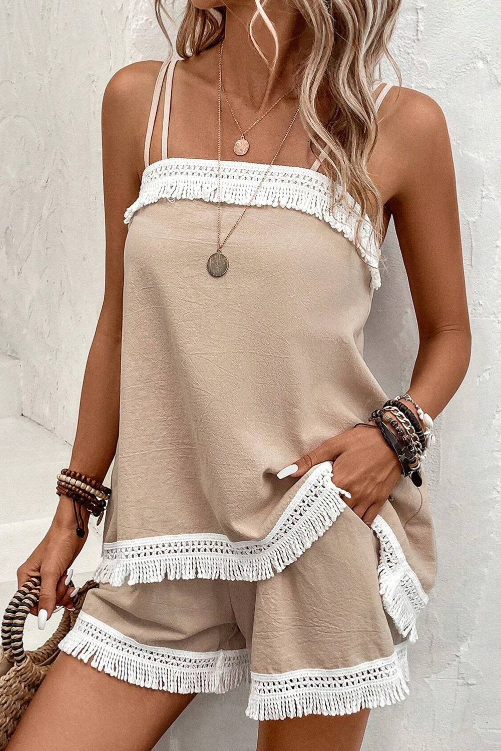 Pale Khaki Fringe Crochet Double Strap Tank Top and Shorts Set Short Sets JT's Designer Fashion