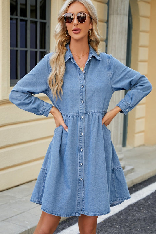 Tiered Button Up Long Sleeve Denim Dress Medium Mini Dresses JT's Designer Fashion