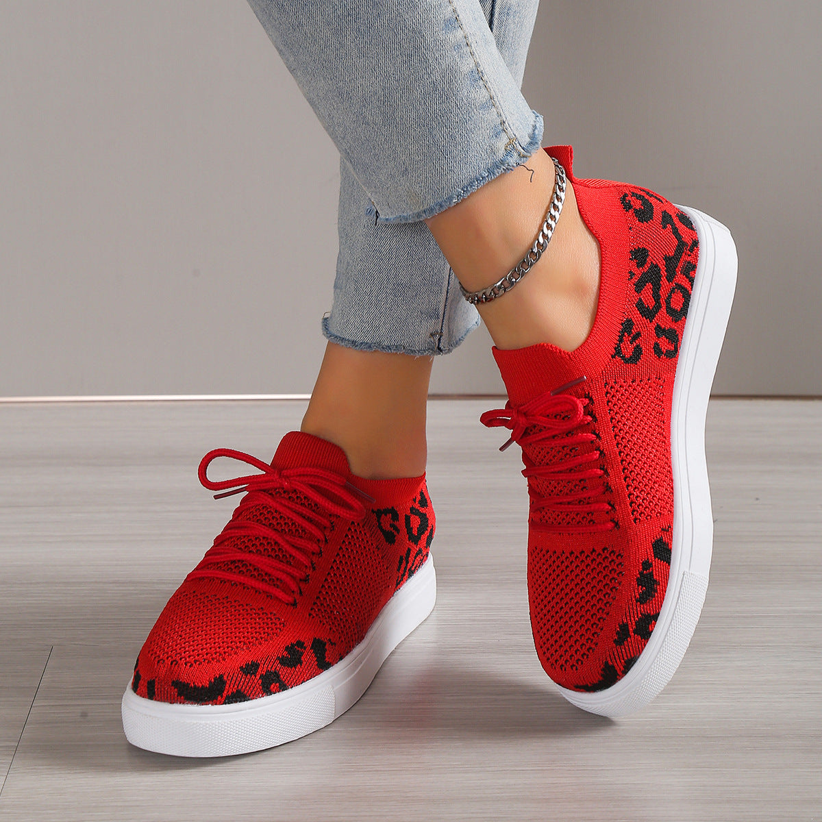 Lace-Up Leopard Flat Sneakers Shoes JT's Designer Fashion