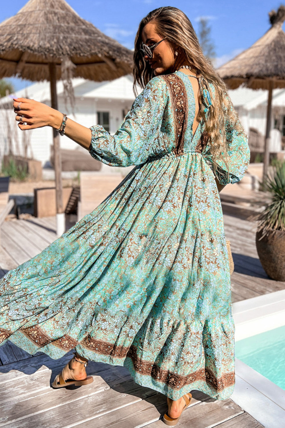 Green Boho Floral Print Lace-up Open Back High Waist Maxi Dress Floral Dresses JT's Designer Fashion