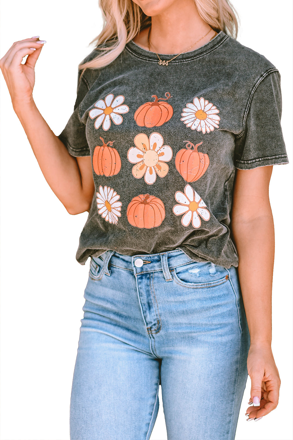 Black Pumpkin Floret Graphic Vintage Washed T-shirt Graphic Tees JT's Designer Fashion